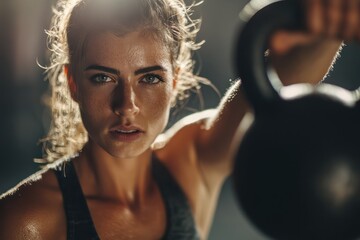 Fototapeta premium Strong woman workout with kettlebell weight