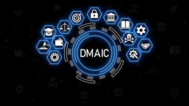 &ldquo;Futuristic DMAIC Technology Animation Featuring Digital Finance Icons, Data Analytics, Online Banking and Global Financial Network Interface map 4k.