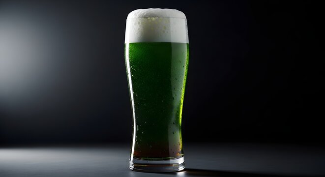 St patrick's day green beer glass on dark background with white foam