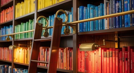 Wooden rolling ladder in front of colorful bookshelf displaying books arranged in rainbow color order for education or personal library