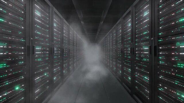 Futuristic server room with glowing green lights and fog effect