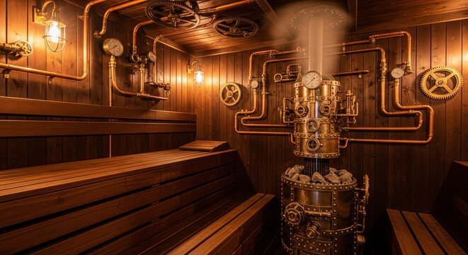 A unique steampunk-themed sauna interior featuring dark wood, copper pipes, gauges, and brass valves