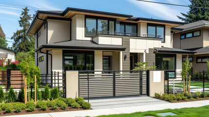 Modern house design with a front garden and gate in a residential area during daytime