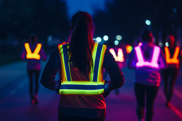 Neon-Lit Night Charity Run - Reflective Vests in Urban Setting  