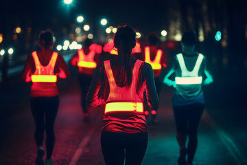 Neon-Lit Night Charity Run - Reflective Vests in Urban Setting  
