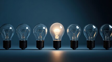 The light bulb glowing among unlit bulbs represents innovation creativity leadership and inspiration
