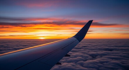 Obraz premium A breathtaking view of a golden sunset over a thick blanket of clouds, taken from an airplane window. The wing of the plane is visible in the foreground against the vibrant orange