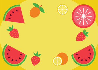 A circular frame of red strawberries, watermelon slices, orange halves, and citrus slices on a bright yellow background.