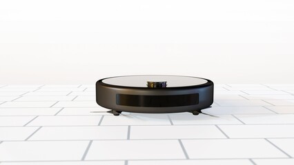 3D render of a sleek, charcoal gray robotic vacuum. Disc-shaped body with white side brushes and a top sensor turret. High-tech autonomous smart home appliance isolated on a white background. © Love Employee