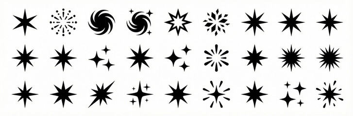 Fototapeta premium Collection of black starburst shapes and swirling graphics on white background for design and decoration