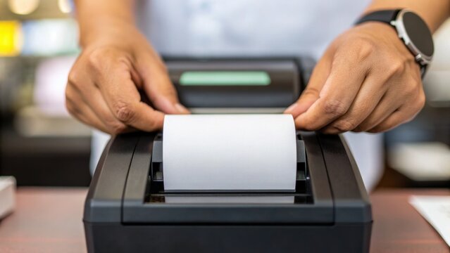 Cashless society behavior Person using a calculator or adding machine with a receipt roll on a desk.