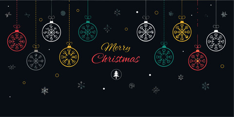 Colorful christmas ornaments and snowflakes hang above a festive greeting © Pabitra