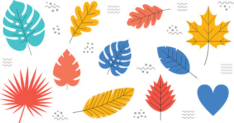 Obraz premium Colorful autumn leaf collection vector set with decorative tropical and fall foliage for seasonal nature and botanical design