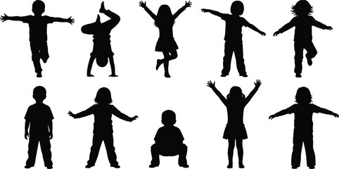 Fototapeta premium Black silhouettes of happy children set, vector collection of boys and girls playing, jumping, and dancing, isolated on white background.