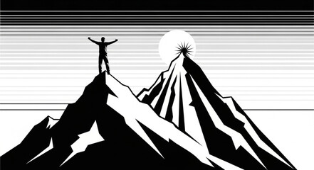 Man stands triumphantly atop mountain peak, arms raised, celebrating success and achievement. © ganis