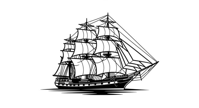 Detailed illustration of a majestic sailing ship with billowing sails on the open sea.
