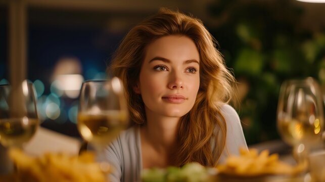 Woman surrounded by empty wine glasses and junk food watching television alone at night, perfect for gluttony sin concept, excessive indulgence, unhealthy lifestyle, emotional eating, modern