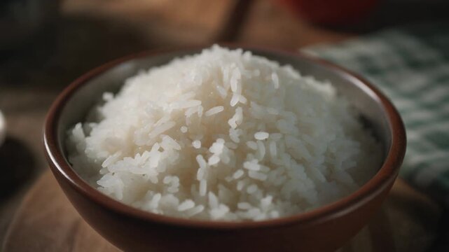 Freshly cooked white rice in a ceramic bowl, a staple food ready to eat.