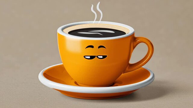 Animated orange coffee cup with eyes and steam shows changing expressions, first looking sleepy, then surprised, and finally happy, on a neutral background