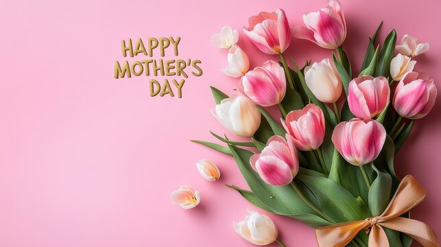 Happy Mother&rsquo;s Day greeting with pink tulip bouquet on pastel background