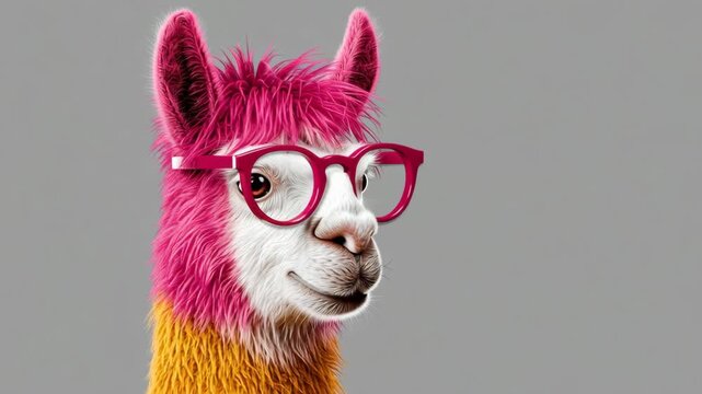 Llama with pink fur and glasses poses in three sequential frames, showcasing its playful expression and vibrant colors against a neutral gray background