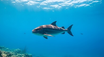 Fototapeta premium A dolphin swimming in the ocean with sunlight shining through the water