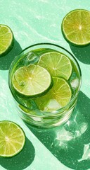 A refreshing beverage, featuring vibrant lime slices, sits in a clear glass, surrounded by lush green tones.