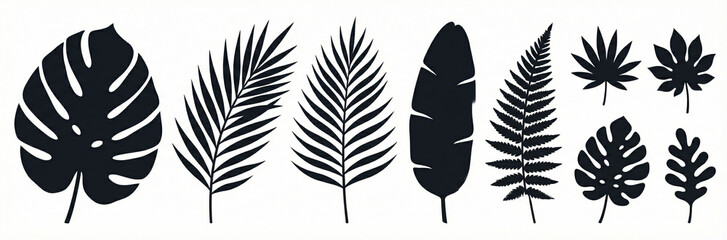 Collection of tropical leaf silhouettes on white background for design and decoration