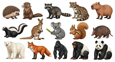 Fototapeta premium Diverse collection of wild animals, including mammals and marsupials, in various poses and expressions on a white background.