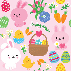 Fototapeta premium Easter eggs seamless pattern, trendy design with Easter eggs and spring flowers with doodles. Easter eggs background for ads, greetings, packaging, print, fabric