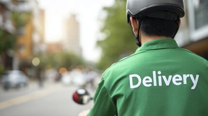 Obraz premium Urban food delivery worker on scooter in green uniform