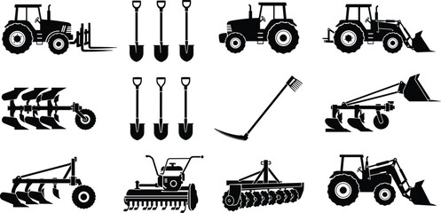 Black silhouettes of agricultural machinery set, vector collection of farm tractors, plows, shovels, and gardening tools, isolated on white background for design. © Boby
