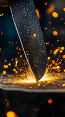 Forged Knife Sparks Flying on Anvil Closeup