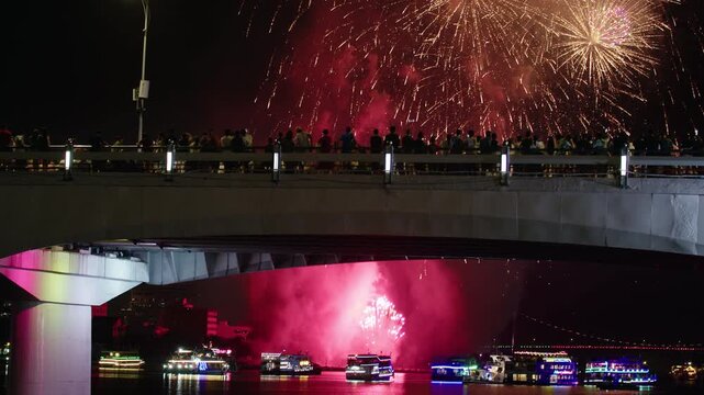 Fireworks Display Over City Skyline at Night