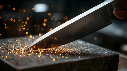 close-up of a knife being sharpened on a whetstone, sparks flying, focus on the blade edge