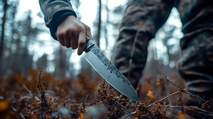Soldier Holding Survival Knife in Forest