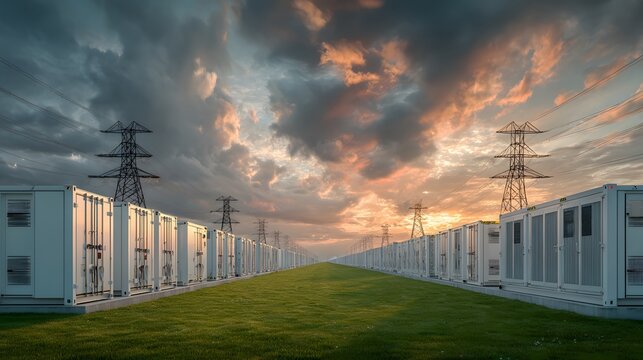 Futuristic battery energy storage facility featuring rows of sleek white containerized battery units in a green grassy field during sunset.