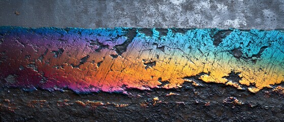 Naklejka premium Colorful oil slick on asphalt with a cracked texture