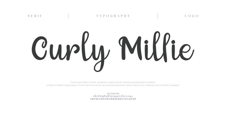 Curly Millie, Script premium luxury elegant alphabet letters and numbers. Elegant wedding typography classic serif font decorative vintage retro. Creative vector illustration
