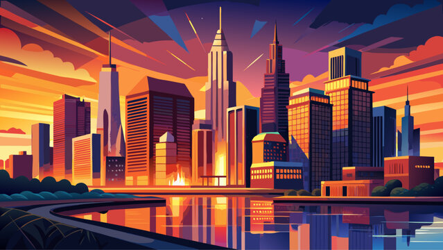 Very beautiful sunset portrait of downtown Chicago cityscape, glowing glass towers reflecting warm orange light, dramatic sky framing the iconic skyline above the Chicago River.