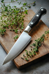 Chef Knife with Thyme on Wood Cutting Board
