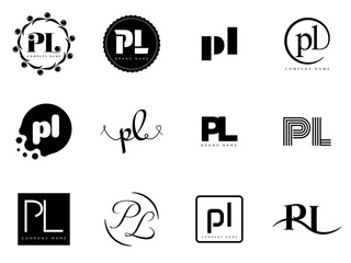 PL logo company template. Letter p and l logotype. Set different classic serif lettering and modern bold text with design elements. Initial font typography.