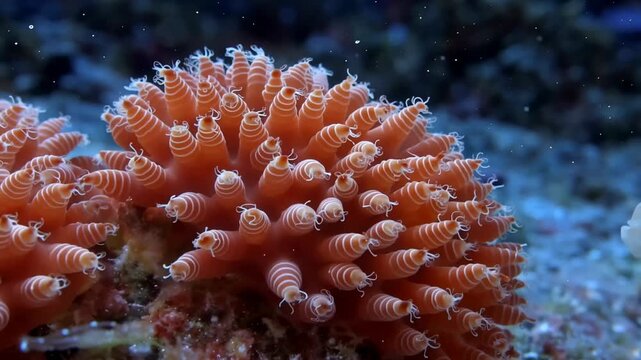 Underwater world orange coral polyp colony close up ocean sea life reef marine ecosystem exploration