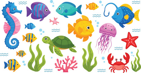 Cute sea animals vector set with colorful fish, turtle, jellyfish, crab, and seahorse for kids ocean and marine life design © MatRukshana