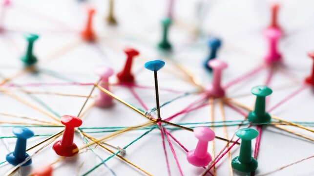 The Pushpin Network Connecting Colorful Pins With Threads on a White Surface