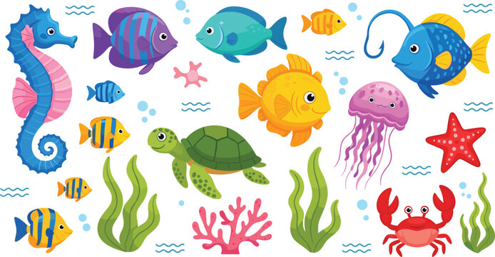 Cute sea animals vector set with colorful fish, turtle, jellyfish, crab, and seahorse for kids ocean and marine life design