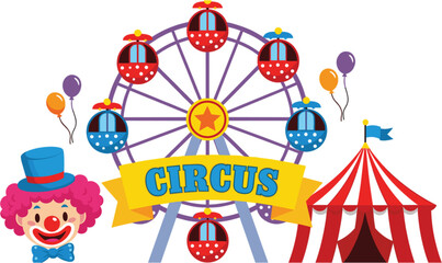 Colorful circus theme vector elements featuring a ferris wheel tent and a friendly clown for entertainment design © shahariar