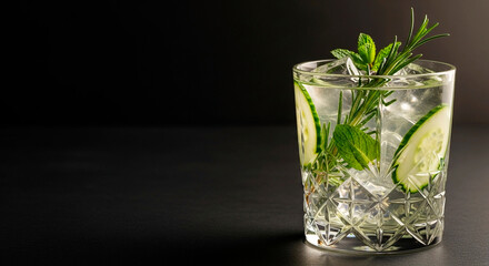 Chilled botanical cucumber gin tonic with fresh rosemary and mint in a crystal cut rocks glass on a dark moody background with copy space