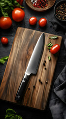 Chef Knife on Wood Board with Tomatoes and Herbs
