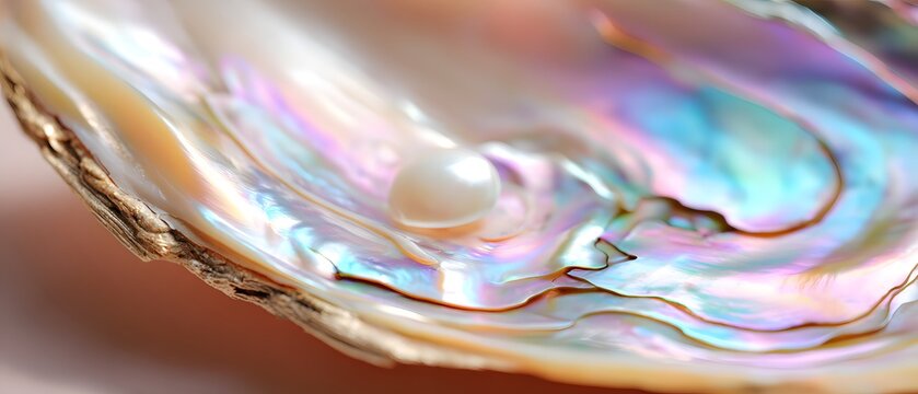 A single perfect pearl rests within a colorful iridescent seashell